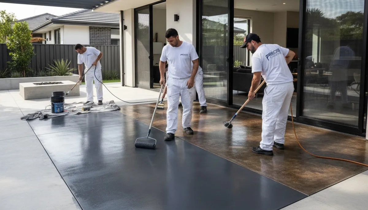 Professional concrete staining on patio floor in Bakersfield, CA by local house painting experts