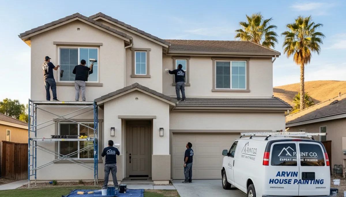 Professional house painters applying exterior paint on home in Bakersfield, CA